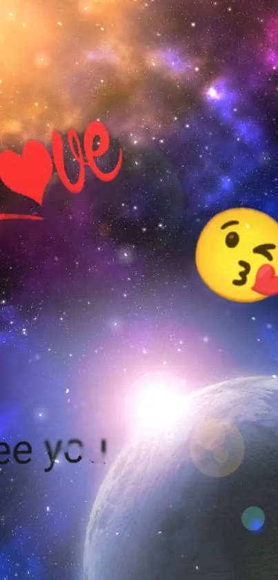 Mobile wallpaper with cosmic backdrop, love and kiss emoji.