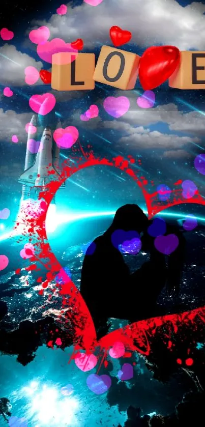 Cosmic couple silhouette with love letters and a space shuttle.