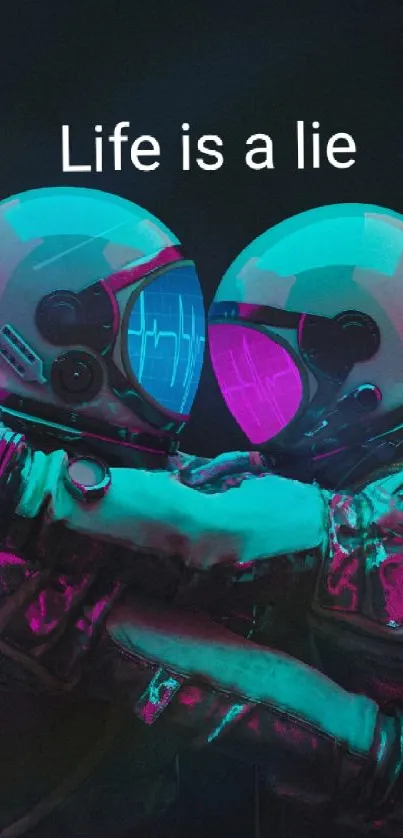 Two astronauts embrace, neon-hued in cosmic space.