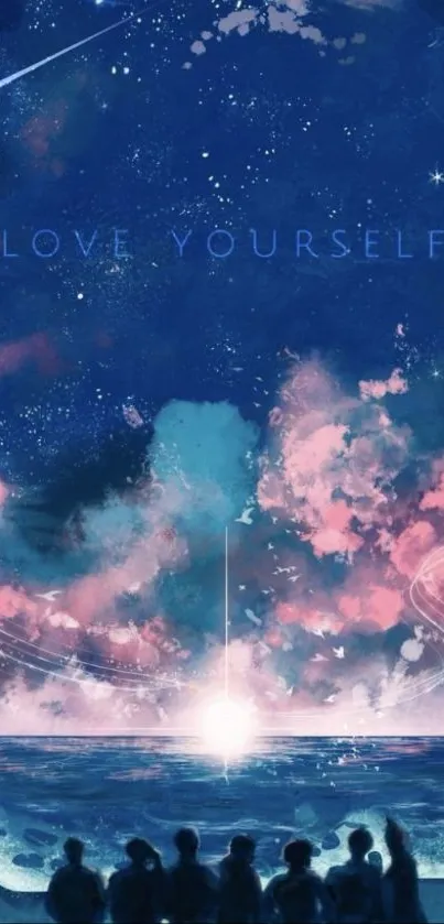 A cosmic scene with 'Love Yourself' above a serene ocean under a starry sky.