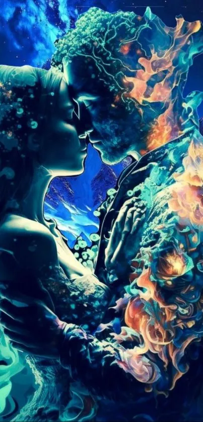 Fantasy artwork of cosmic lovers in vibrant colors under a starry sky.