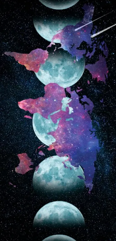 Mobile wallpaper showcasing cosmic moon phases with a starry background.