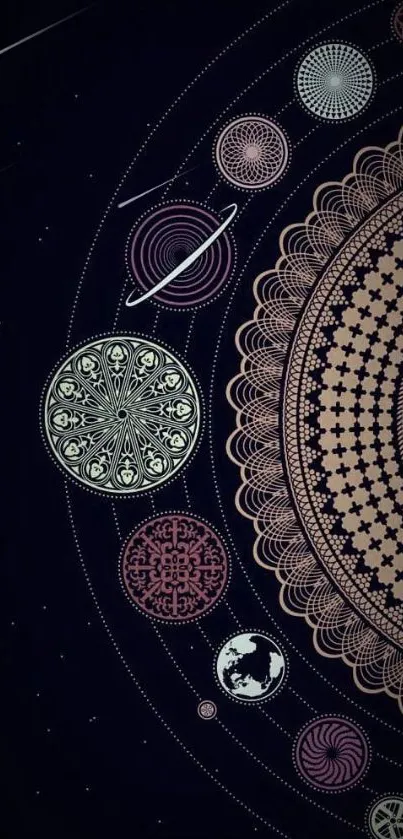 Intricate cosmic mandala with planets on a dark mobile wallpaper.