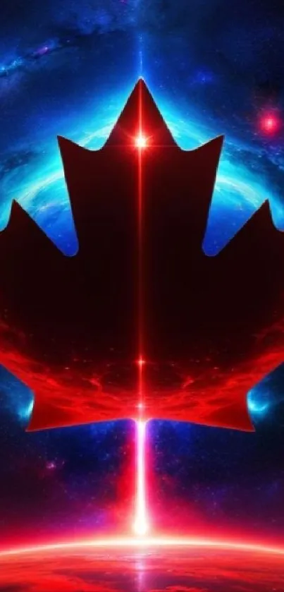 Glowing red maple leaf with cosmic blue background.