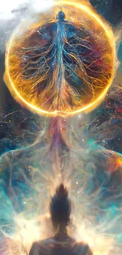 Ethereal meditation art with cosmic glow and vibrant colors on a mobile wallpaper.
