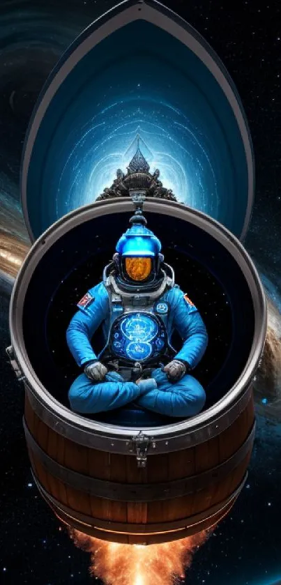 Astronaut meditating inside a barrel amidst a swirling galaxy.