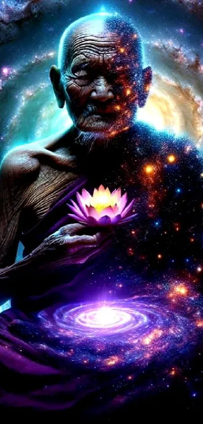 Meditative cosmic figure with galaxy background mobile wallpaper.