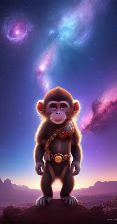 A cute monkey stands under a vibrant starry galaxy sky.