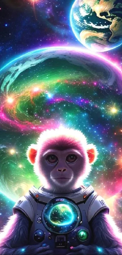 Colorful cosmic monkey in space suit with vibrant galaxy backdrop.