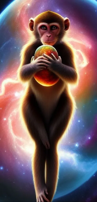 Monkey holding a glowing orb in space with a galaxy backdrop.