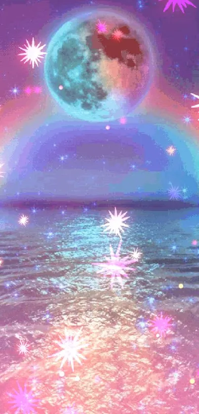 Cosmic moon with rainbow reflection on a serene sea.