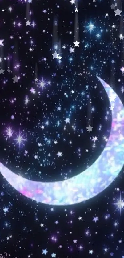 Vibrant cosmic wallpaper with a crescent moon and stars.