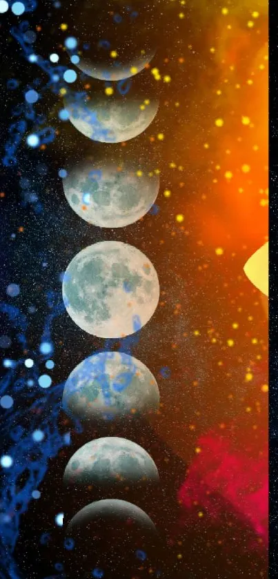 Vibrant cosmic wallpaper with moon phases and space elements in orange hues.