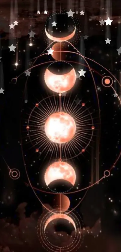 Ethereal cosmic design with moon phases and stars on dark background.