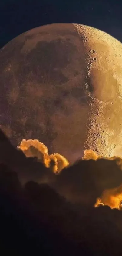 Brown moon with glowing clouds in a cosmic scene.