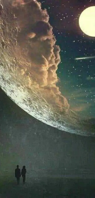 Surreal moon and starry night sky wallpaper with cosmic landscape.