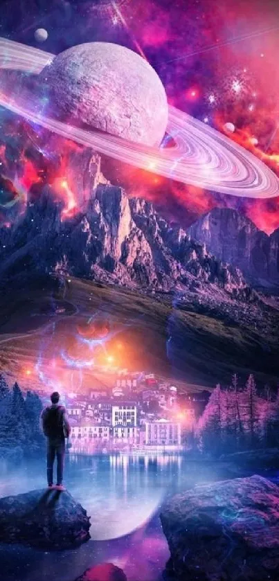 Surreal cosmic scene with planet and mountains.