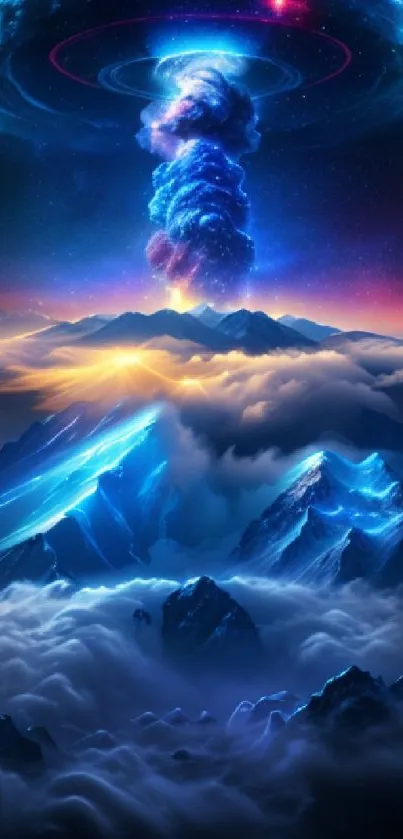 Vibrant cosmic landscape with mountains and mystical clouds.