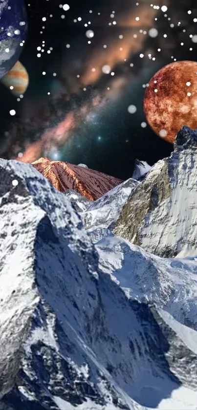 Surreal mountain and space scene with planets in a cosmic fantasy setting.