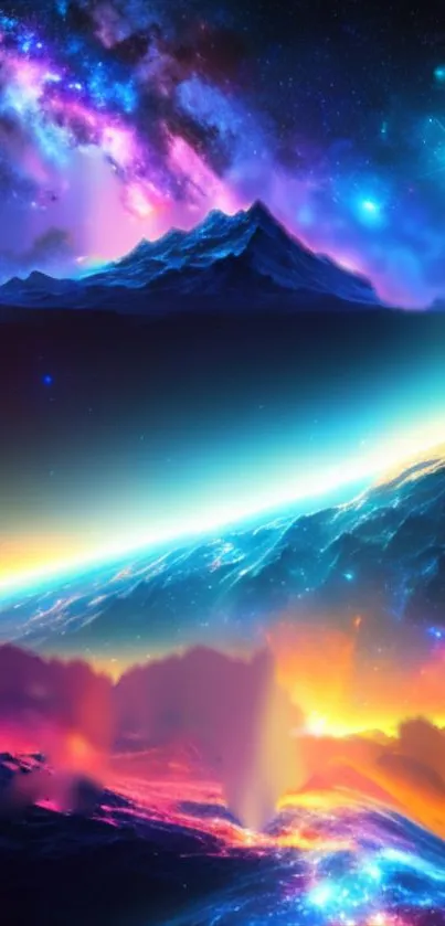 Vibrant cosmic mountain galaxy wallpaper with colorful skies.