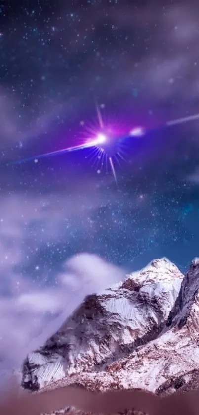 Ethereal purple cosmic mountain scene with stars.