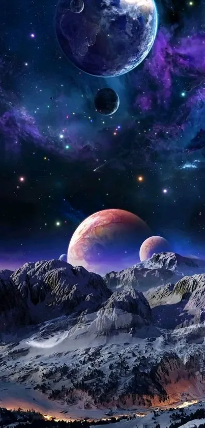 Cosmic scene with planets above snow-covered mountains.