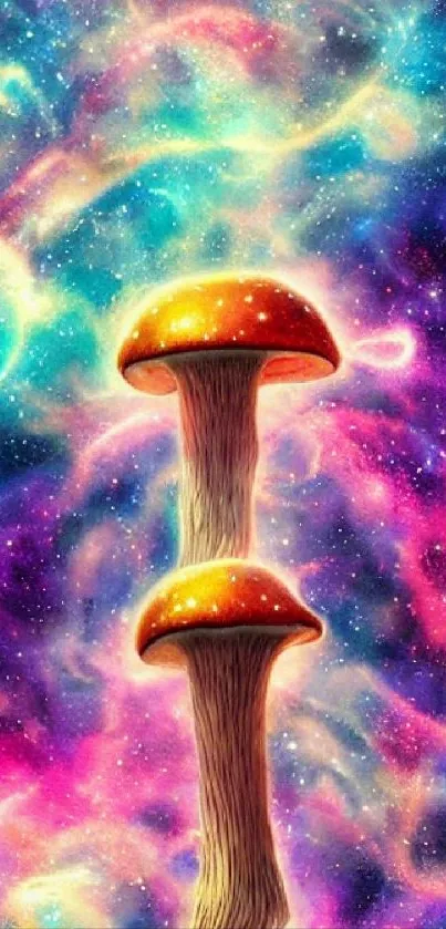 Vibrant cosmic mushroom art with a galaxy theme, perfect for mobile wallpaper.