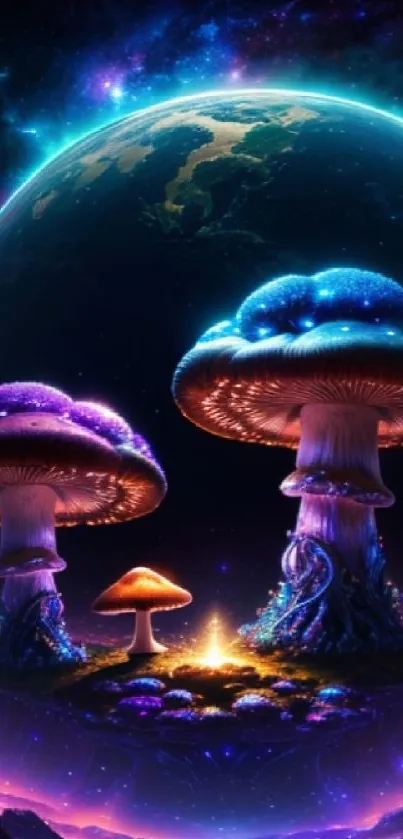 Fantasy cosmic wallpaper with glowing mushrooms in a starry universe background.