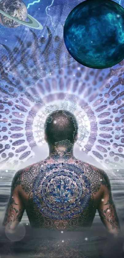 Tattooed figure facing universe with cosmic design and celestial elements.