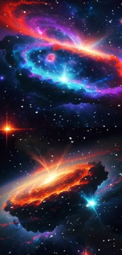 Bright cosmic nebula art with galaxies and stardust in vibrant colors.