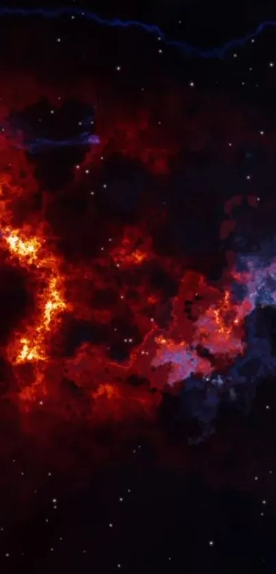 Fiery red and dark blue nebula with starry background.