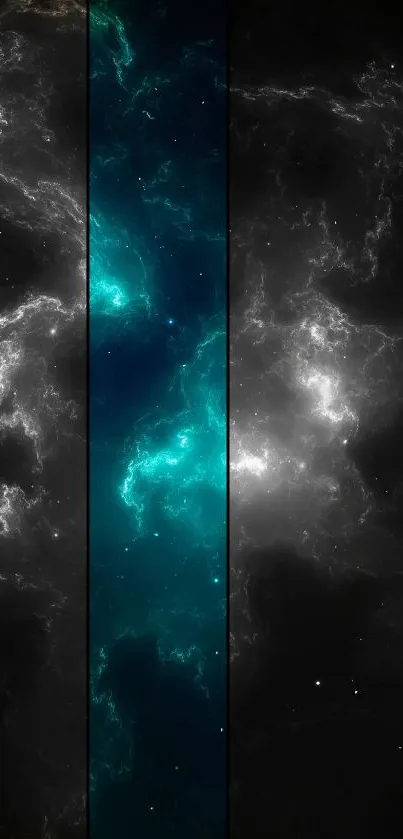 Cosmic nebula wallpaper with teal and black design.