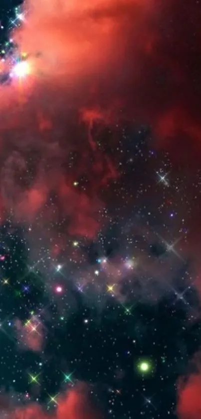 Red cosmic clouds and vibrant stars galaxy wallpaper.