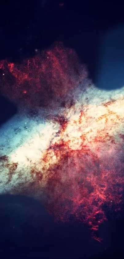 Dynamic cosmic nebula wallpaper with vibrant blue and red hues in a galaxy scene.