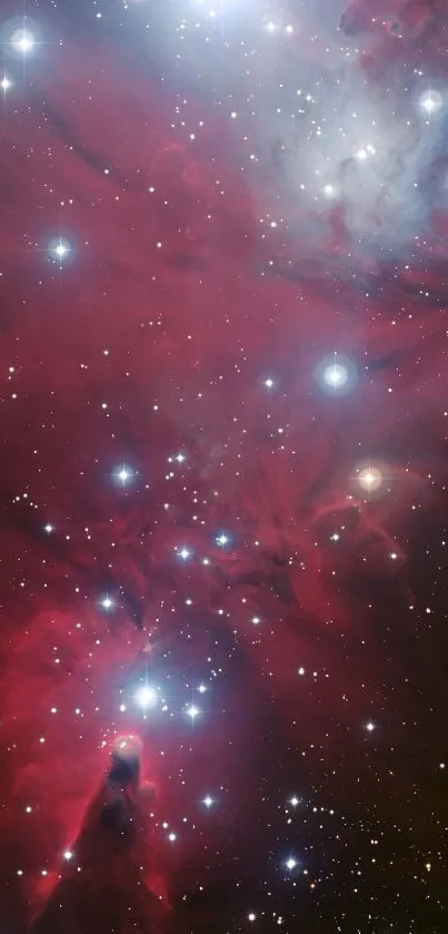 Mobile wallpaper featuring a cosmic nebula with stars in a dark red space theme.