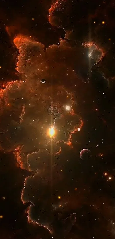 Reddish-brown cosmic nebula with stars and planets.