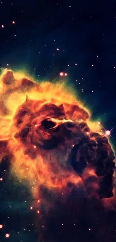 A vibrant orange nebula with starry background on phone wallpaper.