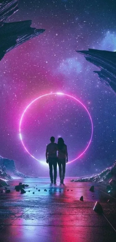 Two figures stand in a neon-lit cosmic landscape with a purple sky.