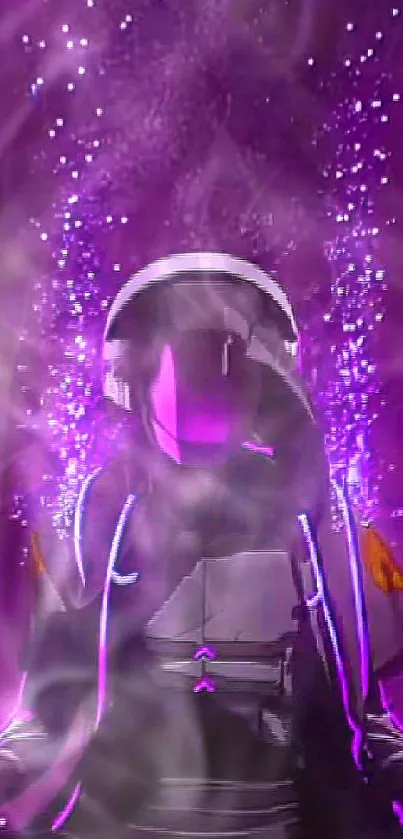 Neon astronaut in a vibrant purple cosmic background.