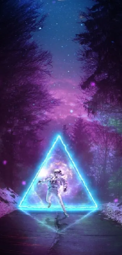 Neon astronaut in mystical forest with cosmic purple glow under a crescent moon.