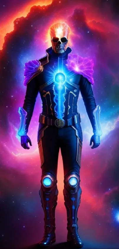 Futuristic superhero in neon, cosmic background.