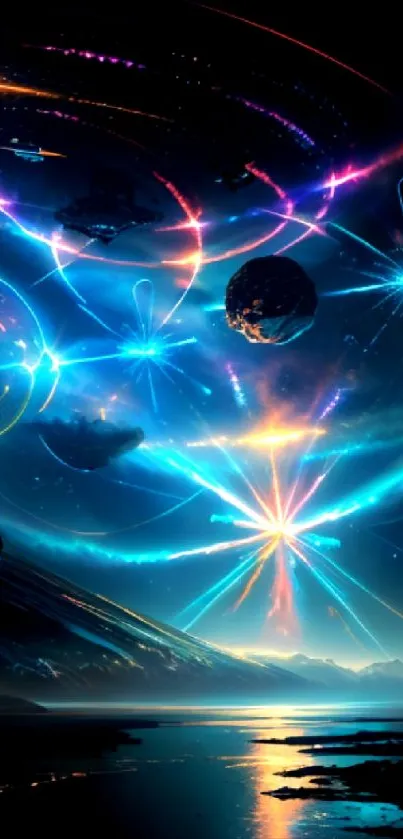 Cosmic neon galaxy explosion wallpaper with vibrant celestial designs.