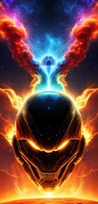 Futuristic neon helmet with cosmic glow.