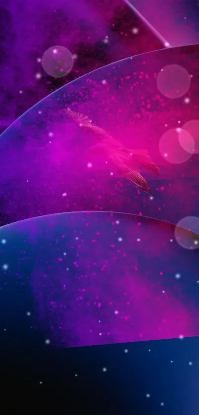 Vibrant cosmic neon wallpaper with purple and pink hues.