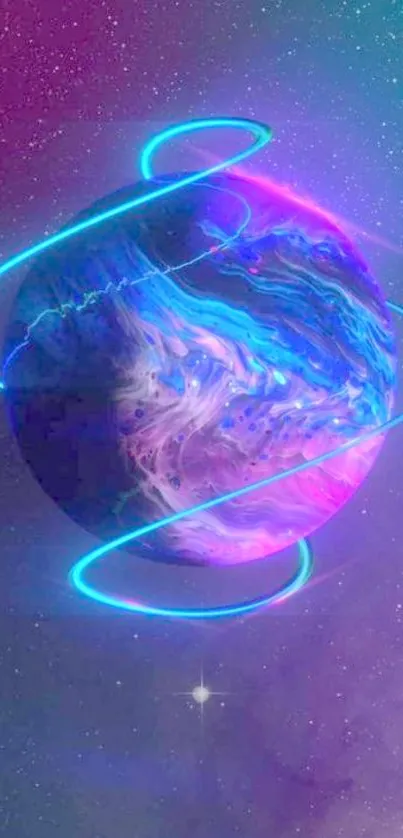 Neon cosmic planet with swirls in space on a vibrant purple background.