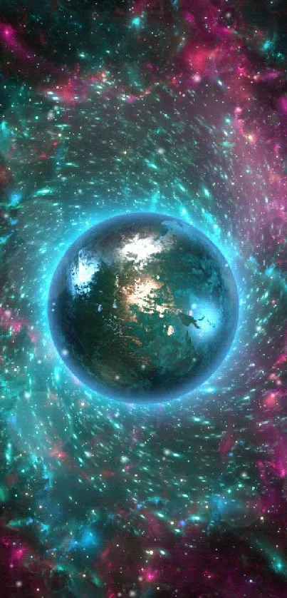 Cosmic neon planet surrounded by vibrant teal and pink celestial lights.