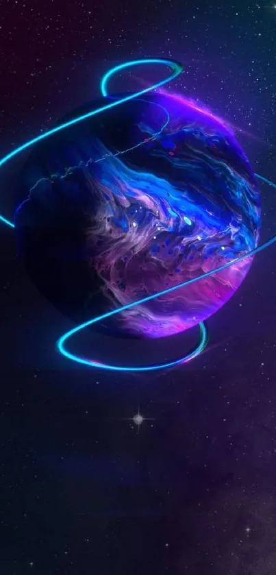 Vibrant neon planet in space with swirling blue and purple hues.