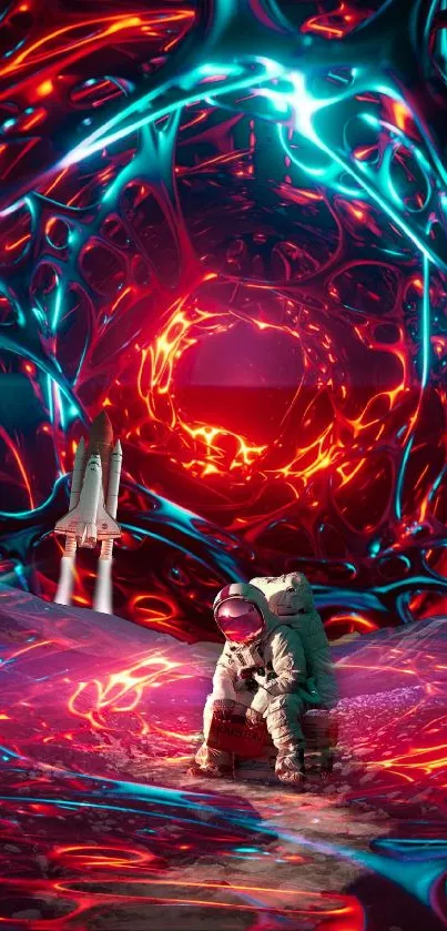 Astronaut exploring a neon cosmic tunnel with vivid patterns and a space shuttle.