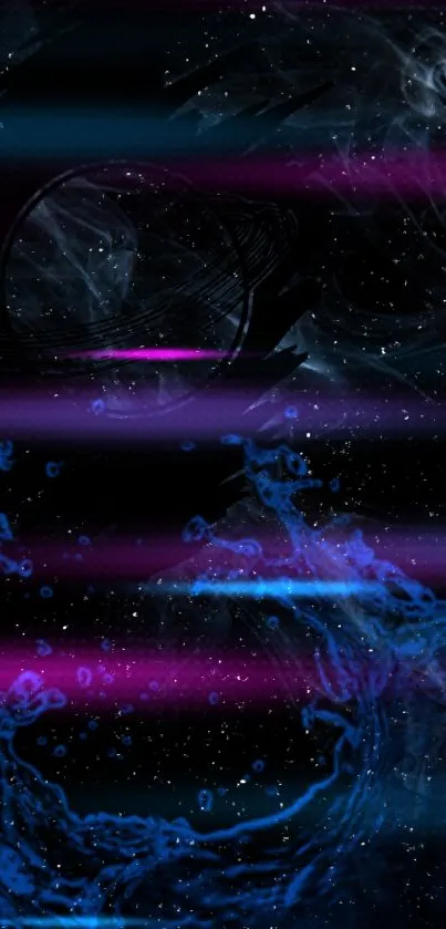 Dynamic cosmic wallpaper with neon blue and pink vortex in space.