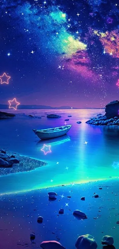 A cosmic night scene with a boat on a luminous, colorful lake under a starry sky.